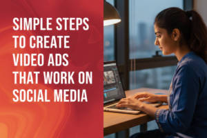 A woman working on a laptop creating social media video ads, with text reading “Simple steps to create video ads that work on social media.