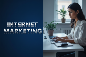 nternet marketing concept with a professional working on a laptop in a modern workspace