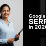 A professional woman holding a tablet with text reading “Google SERP in 2026,” representing future trends in Google search results and SEO.