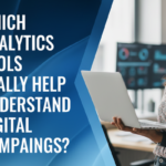 A digital marketer reviewing analytics data on a laptop, with text asking which analytics tools help understand digital campaigns.