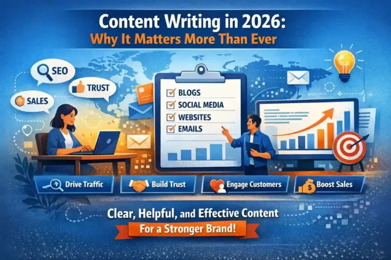 Content Writing in 2026 showing SEO, blogs, social media, websites, emails, and brand growth