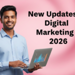 generate a image .Full Background should be Light pink and dark pink mixed colour background, in Right side of that background (New Updates in Digital Marketing 2026: What Marketers Are Actually Experiencing) should be writen in bold letters . on left side an indian boy 24 years old  with a warm smile ,holding a laptop  and looking at the camera .