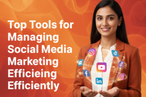 A vibrant orange and red background featuring the bold text 'Top Tools for Managing Social Media Marketing Efficiently' on the left. On the right, a 25-year-old Indian woman is holding 3D social media icons like Instagram, Facebook, and X in her hands, symbolizing digital management.