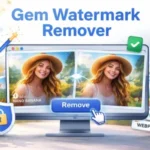 Before and after view of an AI image with watermark removed using Gem Watermark Remover, displayed on a computer screen with a glowing ‘Remove’ button and file format icons.