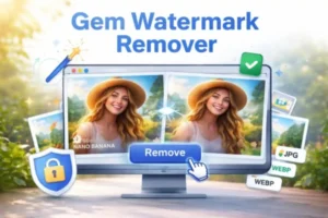 Before and after view of an AI image with watermark removed using Gem Watermark Remover, displayed on a computer screen with a glowing ‘Remove’ button and file format icons.