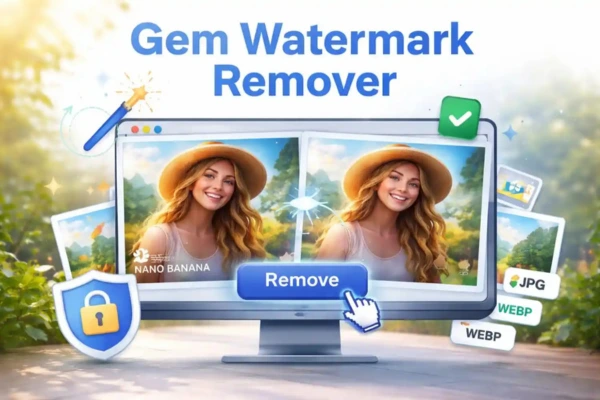 Before and after view of an AI image with watermark removed using Gem Watermark Remover, displayed on a computer screen with a glowing ‘Remove’ button and file format icons.