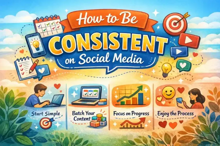How to be consistent on social media illustration showing content planning, batch content creation, growth tracking, and engagement strategies for digital marketing success.