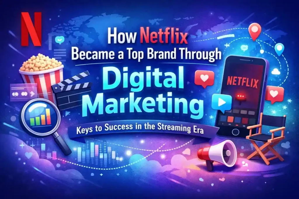 How Netflix Became a Top Brand Through Digital Marketing 2 Illustration showing how Netflix became a top brand through digital marketing, featuring a smartphone with Netflix app, social media icons, analytics, film elements, and global reach visuals.