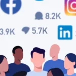 Illustration of a diverse group of people standing together with social media icons and engagement metrics like likes, comments, and followers displayed in the background.