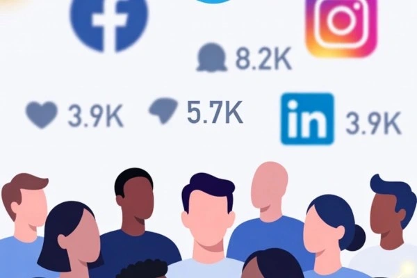 Illustration of a diverse group of people standing together with social media icons and engagement metrics like likes, comments, and followers displayed in the background.