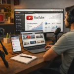Young YouTube content creator analyzing trending videos and engagement metrics on a laptop and dual monitors in a modern home studio setup.
