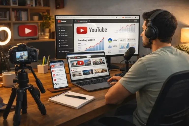 Young YouTube content creator analyzing trending videos and engagement metrics on a laptop and dual monitors in a modern home studio setup.