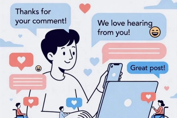 Illustration of a person using a laptop and mobile phone while receiving positive social media comments, likes, and replies, representing active audience engagement and interaction.