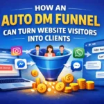 How an Auto DM Funnel on Your Website Can Turn Visitors into Clients 7 Illustration showing an auto DM funnel converting website visitors into clients through Instagram and WhatsApp messaging automation.