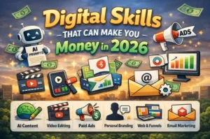 Laptop showing AI tools, video editing, ads dashboard, website funnel, and email marketing representing digital skills in 2026.