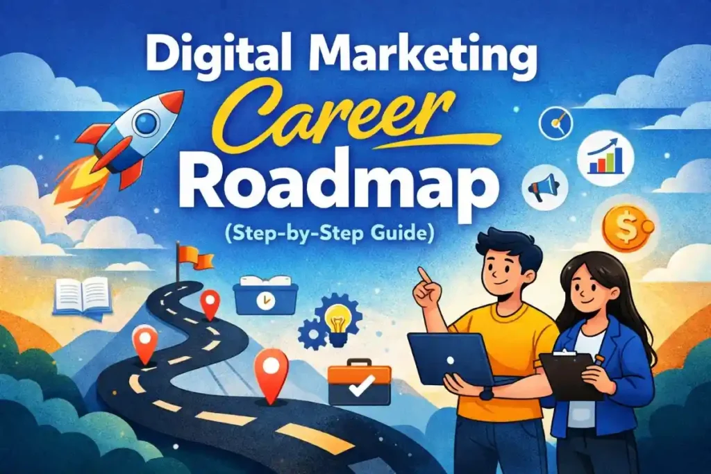 Digital Marketing Career Roadmap (Step-by-Step Guide) 2 Illustration of a digital marketing career roadmap featuring two young professionals working on a laptop and clipboard, with a rocket launch, winding road path with milestones, marketing icons, growth chart, and currency symbol in a bright blue sky background.