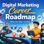 Digital Marketing Career Roadmap (Step-by-Step Guide) 4 Illustration of a digital marketing career roadmap featuring two young professionals working on a laptop and clipboard, with a rocket launch, winding road path with milestones, marketing icons, growth chart, and currency symbol in a bright blue sky background.