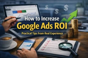 Laptop displaying Google Ads dashboard with upward ROI graph, coins stacked with green growth arrow, and marketing workspace setup.