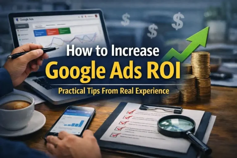Laptop displaying Google Ads dashboard with upward ROI graph, coins stacked with green growth arrow, and marketing workspace setup.