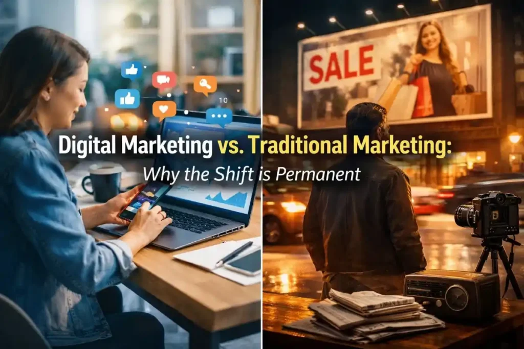 Digital Marketing vs Traditional Marketing: Why the Shift is Permanent 2 Digital marketing and traditional marketing comparison split image.