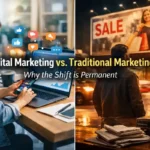 Digital Marketing vs Traditional Marketing: Why the Shift is Permanent 3 Digital marketing and traditional marketing comparison split image.