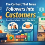 Illustration showing how strategic content turns social media followers into customers, with icons for questions, trust, a checklist, a growth chart, and a “Buy Now” button.