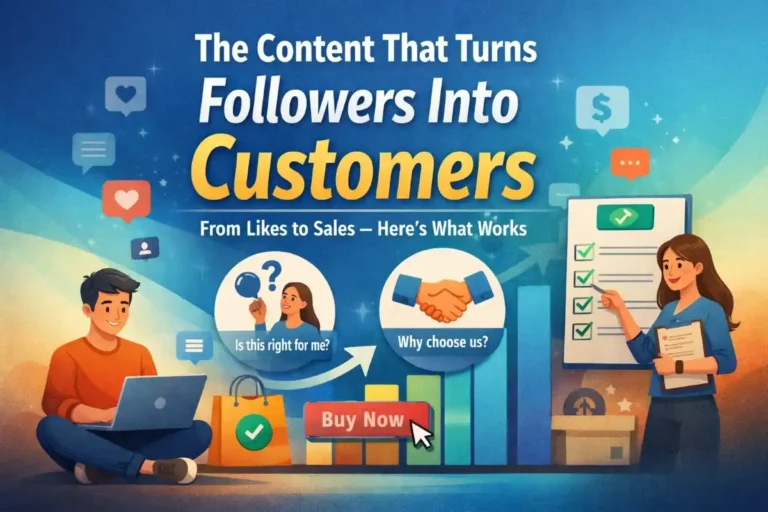 Illustration showing how strategic content turns social media followers into customers, with icons for questions, trust, a checklist, a growth chart, and a “Buy Now” button.
