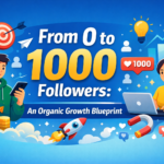Illustration of a young man with a smartphone and a young woman with a laptop, surrounded by social media icons, a rocket, and a magnet, representing organic follower growth from 0 to 1000.