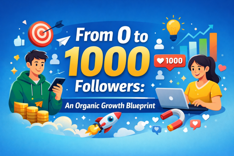Illustration of a young man with a smartphone and a young woman with a laptop, surrounded by social media icons, a rocket, and a magnet, representing organic follower growth from 0 to 1000.