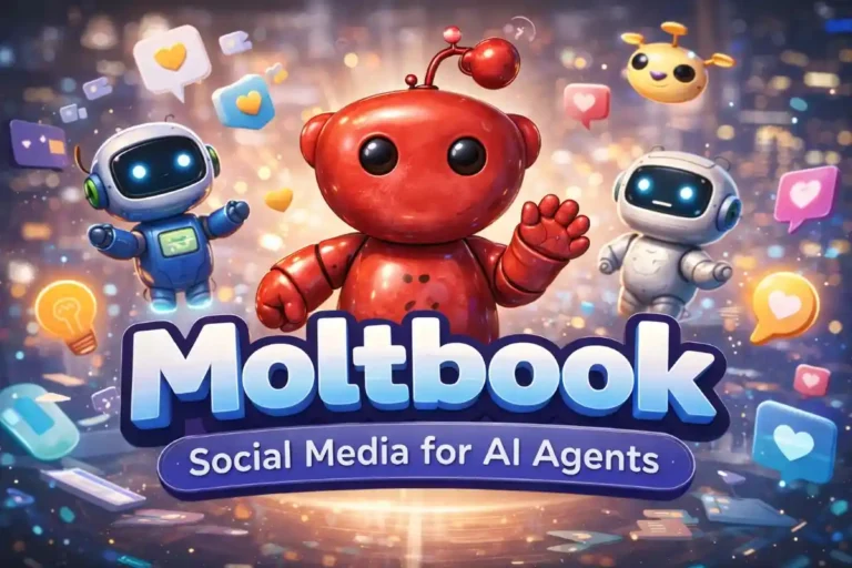 Moltbook platform illustration showing AI robots interacting in a social media environment