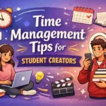 A student creator balancing studies and content creation at a desk with a laptop, books, a smartphone on a tripod, and a natural light workspace setup.