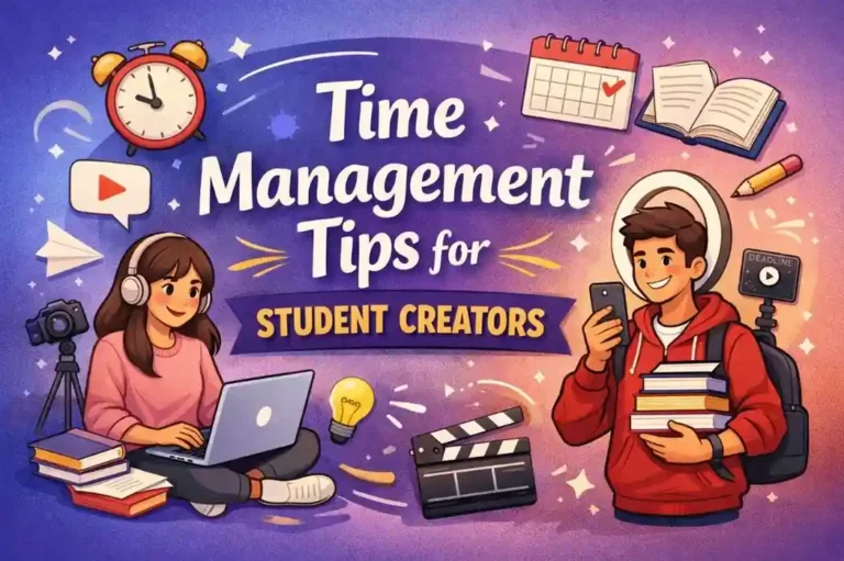 A student creator balancing studies and content creation at a desk with a laptop, books, a smartphone on a tripod, and a natural light workspace setup.