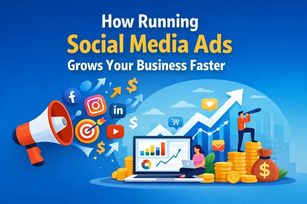 How Running Social Media Ads Grows Your Business Faster 2 Illustration showing social media Ads growth with megaphone, social media icons, laptop analytics dashboard, rising graph arrow, coins, and business success elements.