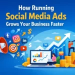 Illustration showing social media Ads growth with megaphone, social media icons, laptop analytics dashboard, rising graph arrow, coins, and business success elements.