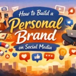 Illustration of two content creators using a phone and laptop with social media icons around them, representing building a personal brand on social media.