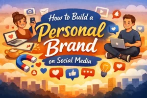 Illustration of two content creators using a phone and laptop with social media icons around them, representing building a personal brand on social media.