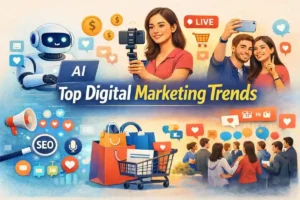 Illustration showing top digital marketing trends with AI robot, content creator filming, social media engagement icons, SEO symbols, online shopping cart, and people interacting on social platforms.
