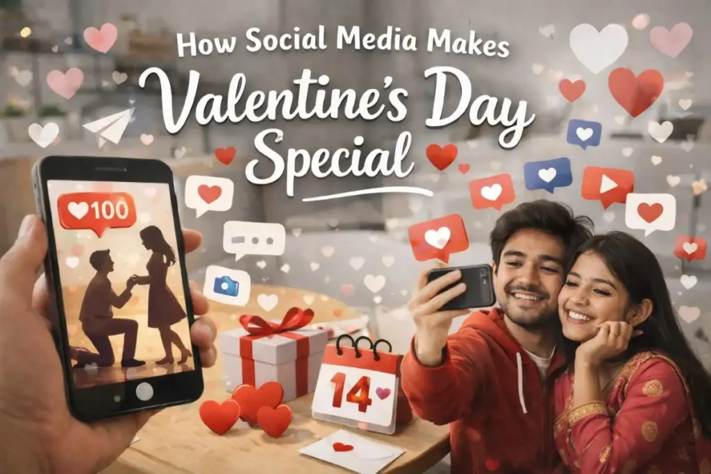 How Social Media Makes Valentine’s Day Special 2 “Tamil couple taking a selfie on Valentine’s Day with social media icons, hearts, gifts, and a smartphone showing a proposal in the background”