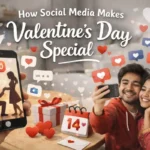 “Tamil couple taking a selfie on Valentine’s Day with social media icons, hearts, gifts, and a smartphone showing a proposal in the background”
