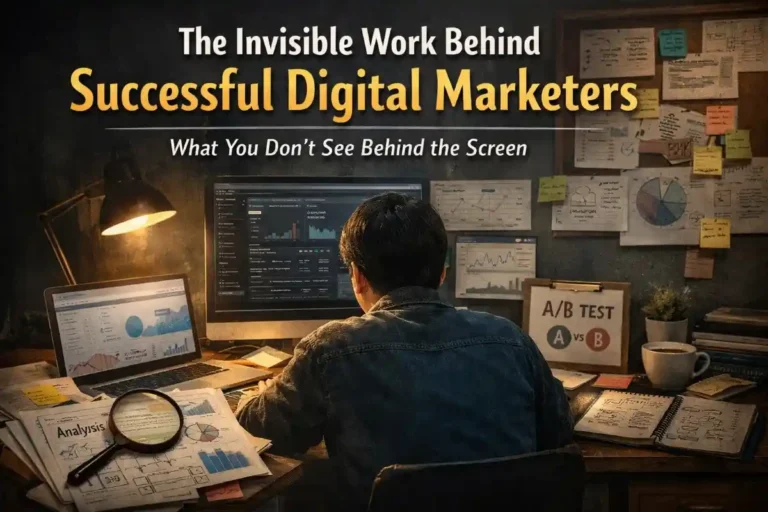 Digital marketer working late at a desk analyzing dashboards, charts, and A/B test results on multiple screens.