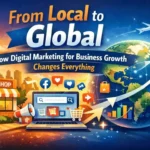 Digital marketing illustration showing a local shop transforming into a global business through online marketing, social media, e-commerce, and worldwide connectivity.