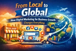 Digital marketing illustration showing a local shop transforming into a global business through online marketing, social media, e-commerce, and worldwide connectivity.