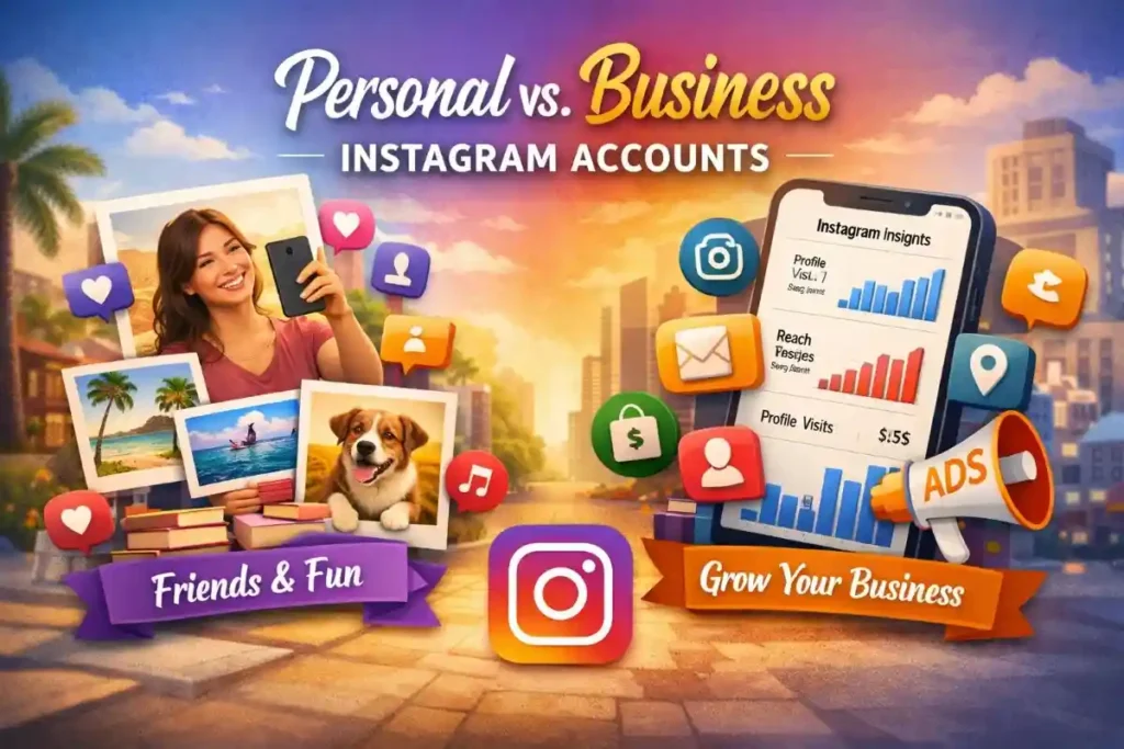 What Is the Difference Between Personal and Business Instagram Accounts? 2 Illustration comparing personal and business Instagram accounts, showing a casual selfie and fun photos on one side, and analytics, ads, and growth charts on the other, with a city background.