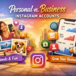 Illustration comparing personal and business Instagram accounts, showing a casual selfie and fun photos on one side, and analytics, ads, and growth charts on the other, with a city background.