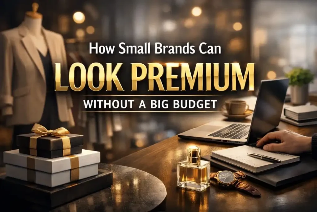 Luxury-themed workspace with gift boxes, perfume bottle, watch, laptop, and elegant boutique background, featuring text “How Small Brands Can Look Premium Without a Big Budget.”
