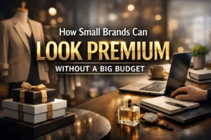 Luxury-themed workspace with gift boxes, perfume bottle, watch, laptop, and elegant boutique background, featuring text “How Small Brands Can Look Premium Without a Big Budget.”