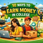Illustration of college students earning money online through freelancing, content creation, and small business ideas