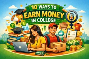 Illustration of college students earning money online through freelancing, content creation, and small business ideas