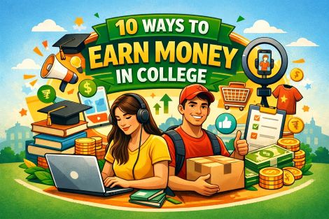 Illustration of college students earning money online through freelancing, content creation, and small business ideas