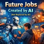 Illustration showing professionals collaborating with AI robots and digital dashboards, highlighting future jobs created by AI not replaced by AI.